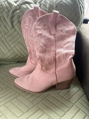 Pink Suede Western Ankle Boots - Women